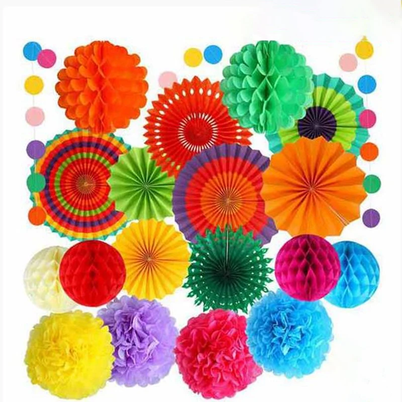 

20Pcs Colourful Party Fiesta Decorations Paper Fans Paper Flower Ball Honeycomb Balls Set for Wedding Birthday Events Festival S