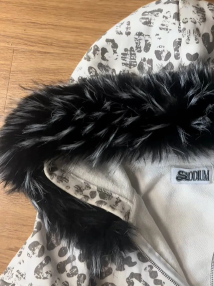 Autumn and winter fur collar retro y2k men's and women's personalized street fashion printed hooded zipper sweatshirt