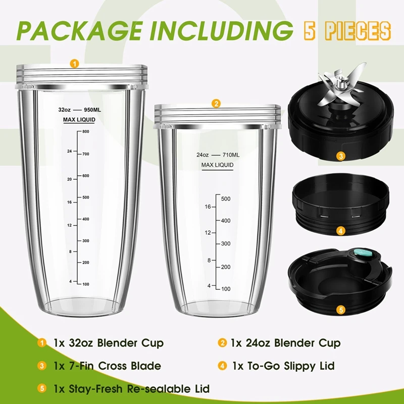 Blender Replacement Parts For Ninja, 32Oz & 24Oz Ninja Blender Cups Replacement With To-Go Lids & 7-Fins Extractor Blade