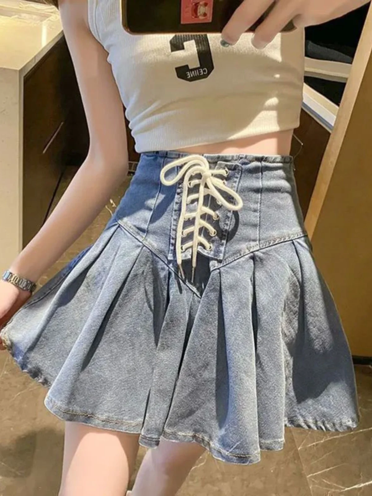 

Женская юбка трапециевидной формы с высокой талией и завязками на эластичной талии, уличная полиэфирная ткань, летняя коллекция