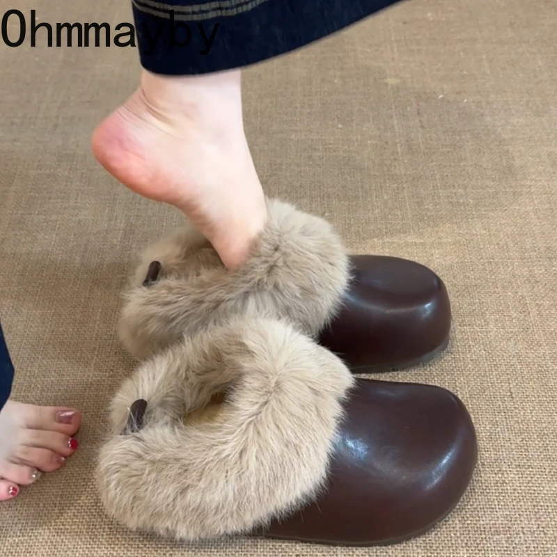 

Platform Thick Sole Women Fur Lining Mules Slippers Comfort Warm Cotton Shoes Ladies Outdoor Cover Toe Slip On Dress Slides