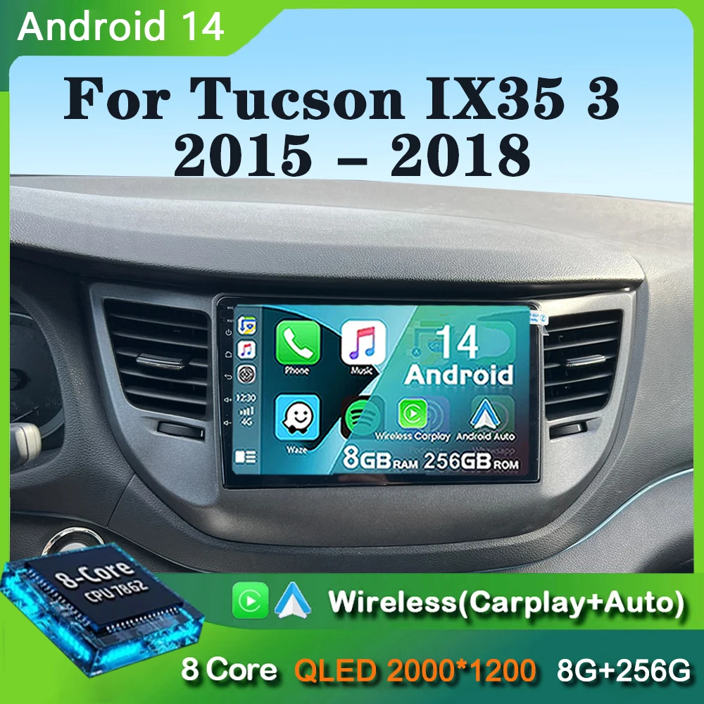 

Автомагнитола Carplay для Hyundai Tucson IX35, мультимедийный видеоплеер с GPS-навигацией, Android 14, для Hyundai Tucson IX35 3, 2015, 2016, 2017, 2018