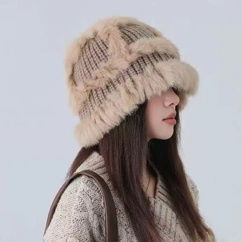 Plush bag head showing face small fur bucket hat bag face knitted hat women's autumn and winter warm wool hat cold view 3