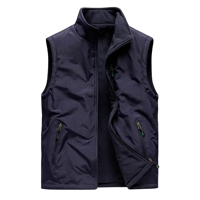 Men Double-side Wear Winter Autumn New Vest Solid Color Casual Outdoor Cargo Loose Fleece Fashion Multi-Pocket