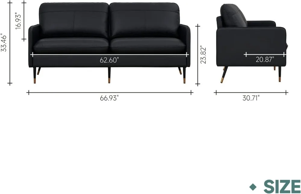 Sofá de couro genuíno para sala de estar e quarto, 2 lugares Loveseat, sofá estofado moderno do meio século, grão superior, 67"