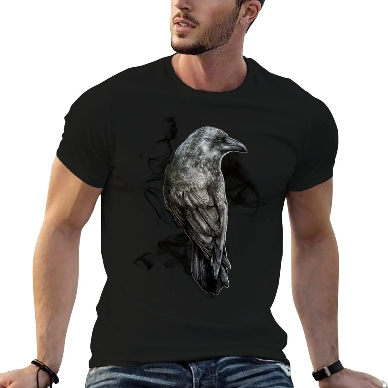 crow gothic bird raven realism drawing sketch tattoo T-Shirt anime t shirts oversize man tshirt T-Shirt