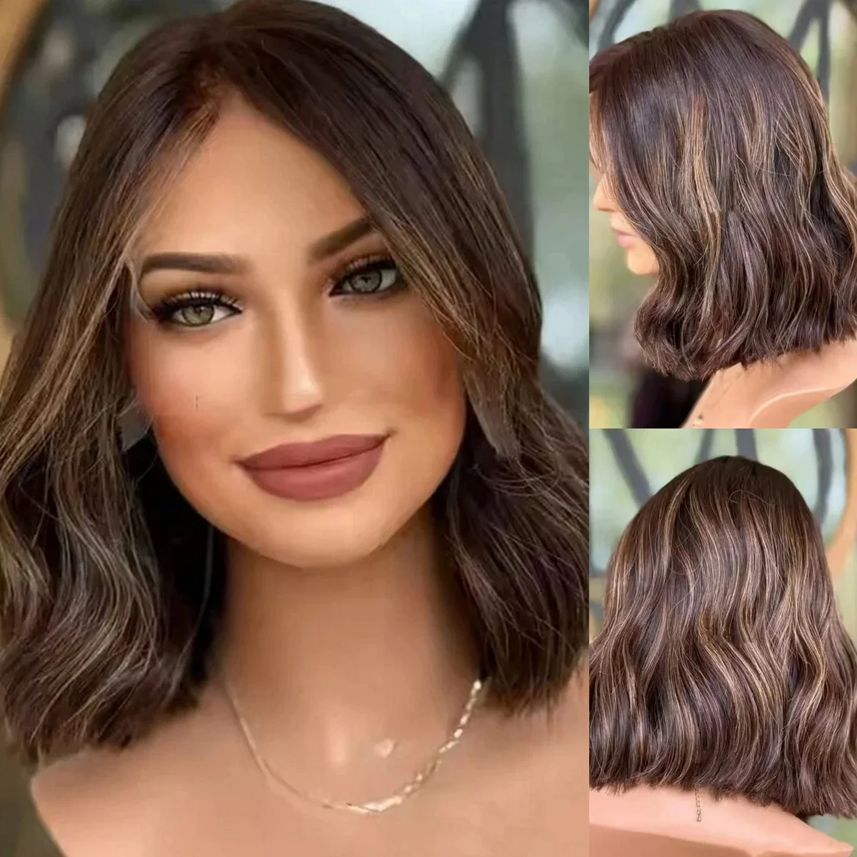 الجزء الأوسط أومبير الشوكولاته الداكنة البني شعر مستعار نطاط قصير موجة طبيعية 180% عالية الكثافة الاصطناعية الدانتيل شعر مستعار أمامي زي امرأة #3