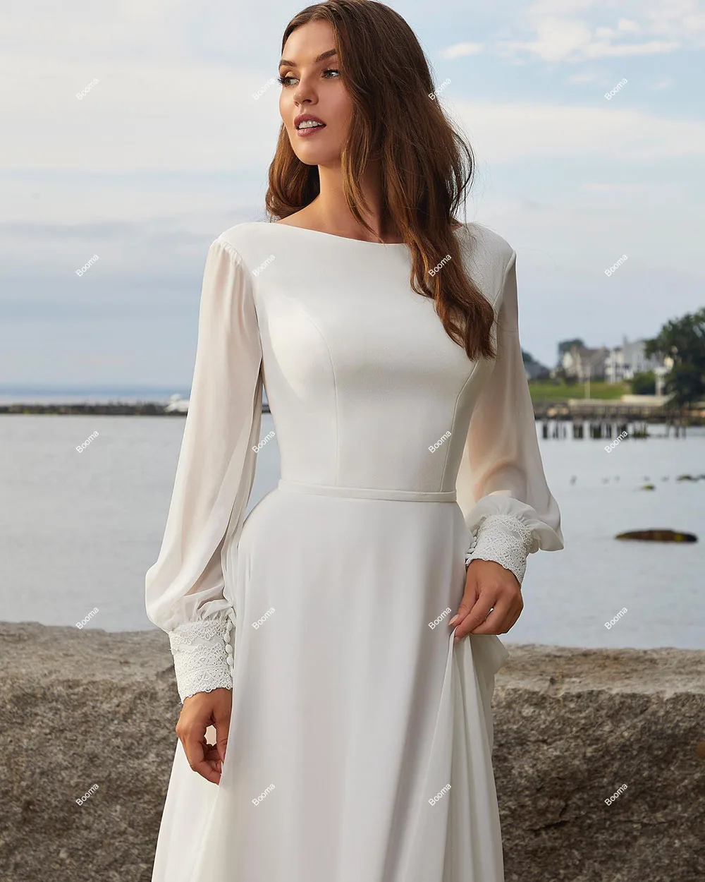 Booma Chiffon a-line abiti da festa di nozze per le donne abito da sera a maniche lunghe con bottoni abiti lunghi da sposa vestido de novia