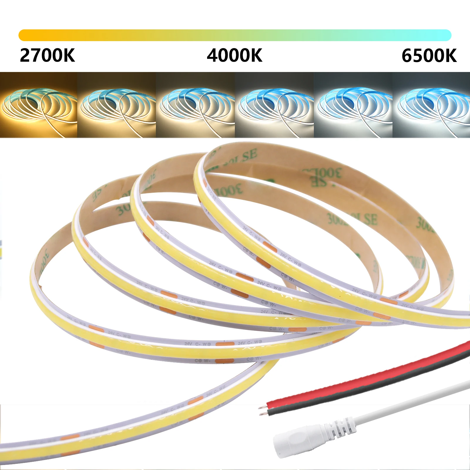 CCT COB LED Strip 24V 576LEDs/m High Density Flexible Tape Ribbon Dual White WW CW NW 2700K to 6500K Dimmable Linear Lighting