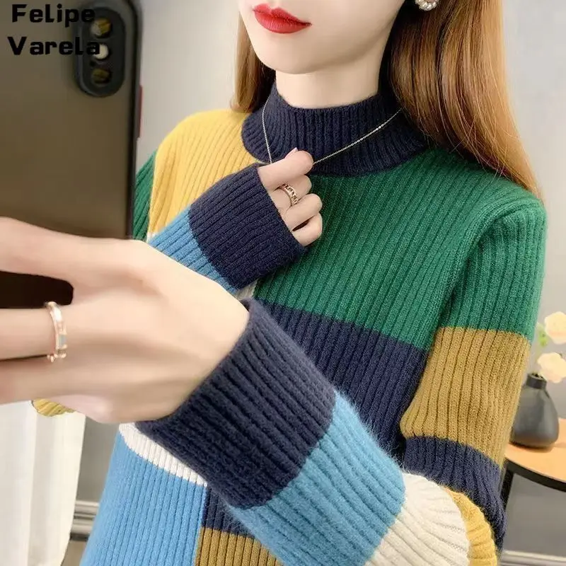 2023 autunno/inverno versione coreana nuovo mezzo collo alto maglione donna contrasto maglia fondo camicia temperamento Top lavorato a maglia