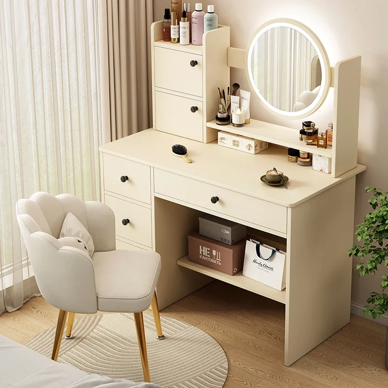 Natural Wood Nordic Dressing Table LED Minimal Mirror Light Dressing Table Chairs Texture Coiffeuse De Chambre Bedroom Furniture