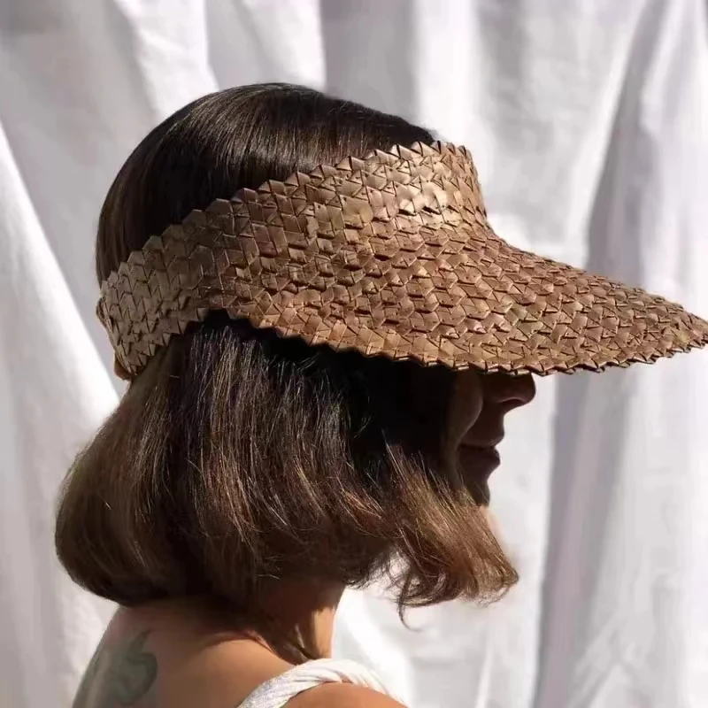 Rattan Sun Visor Hat for Women Natural PALM LEAF VISOR Wide Brim Sun Cap Girl Sunshade Summer Straw Beach Hat Derby Vacation Hat