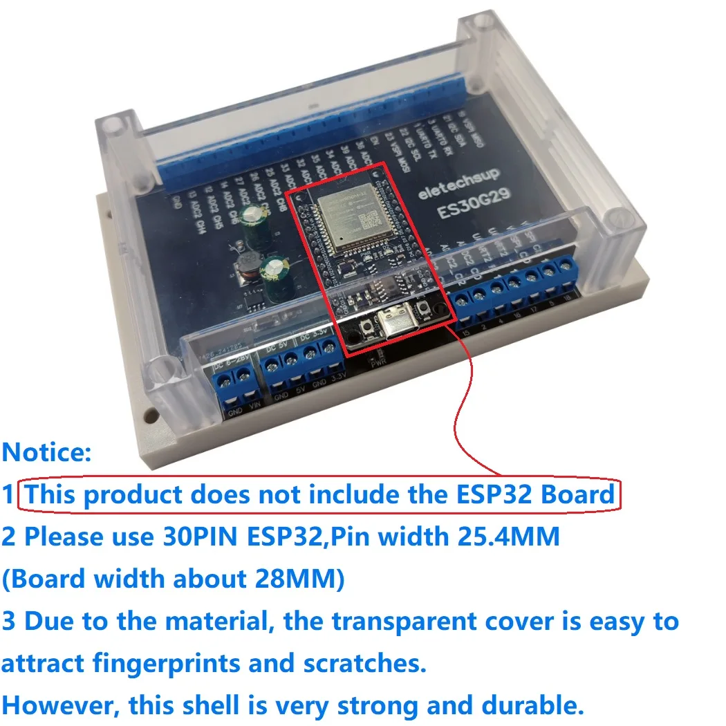 

30PIN ESP32 Devkit V1 Прозрачная крышка Плата расширения на DIN-рейку DC 5 В 12 В 24 В Мощность Всеконтактный светодиодный модуль Wi-Fi Умный дом Diy