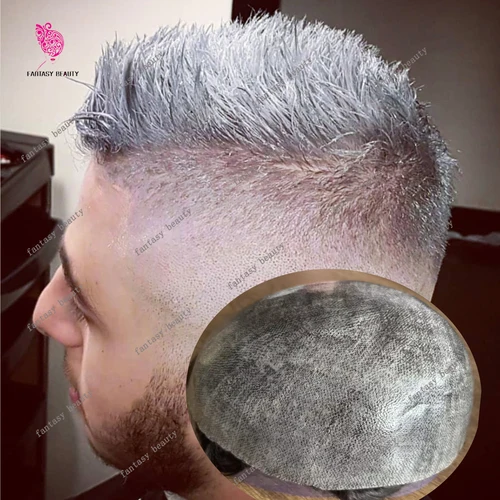 Imagen 2 del producto 30mm onda gris 1b65 1b20 peluquín de hombre marrón oscuro negro hombre 100% peluca de cabello humano piel súper fina 0,1mm PU prótesis capilares baratas