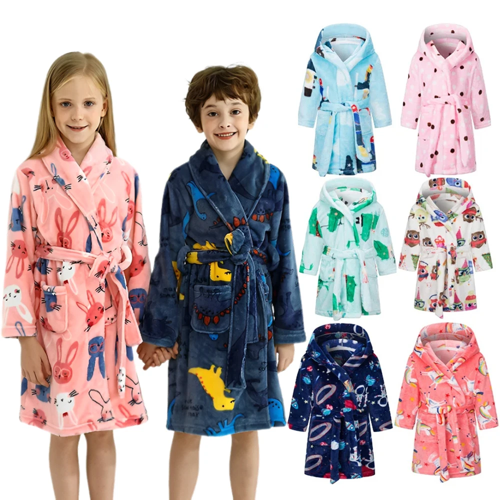 

Baby Girls Boy Flannel Bathrobe Toddler Kids Cartoon Hooded Pajamas Children Soft Bath Robe Nightgown Teenager Clothing 2-12Year