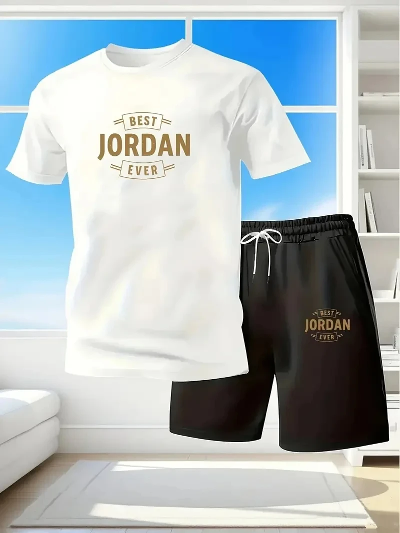 

New summer fitness 3D sportswear for men short-sleeved T-shirt and shorts two-piece set breathable and quick-drying casual wear.