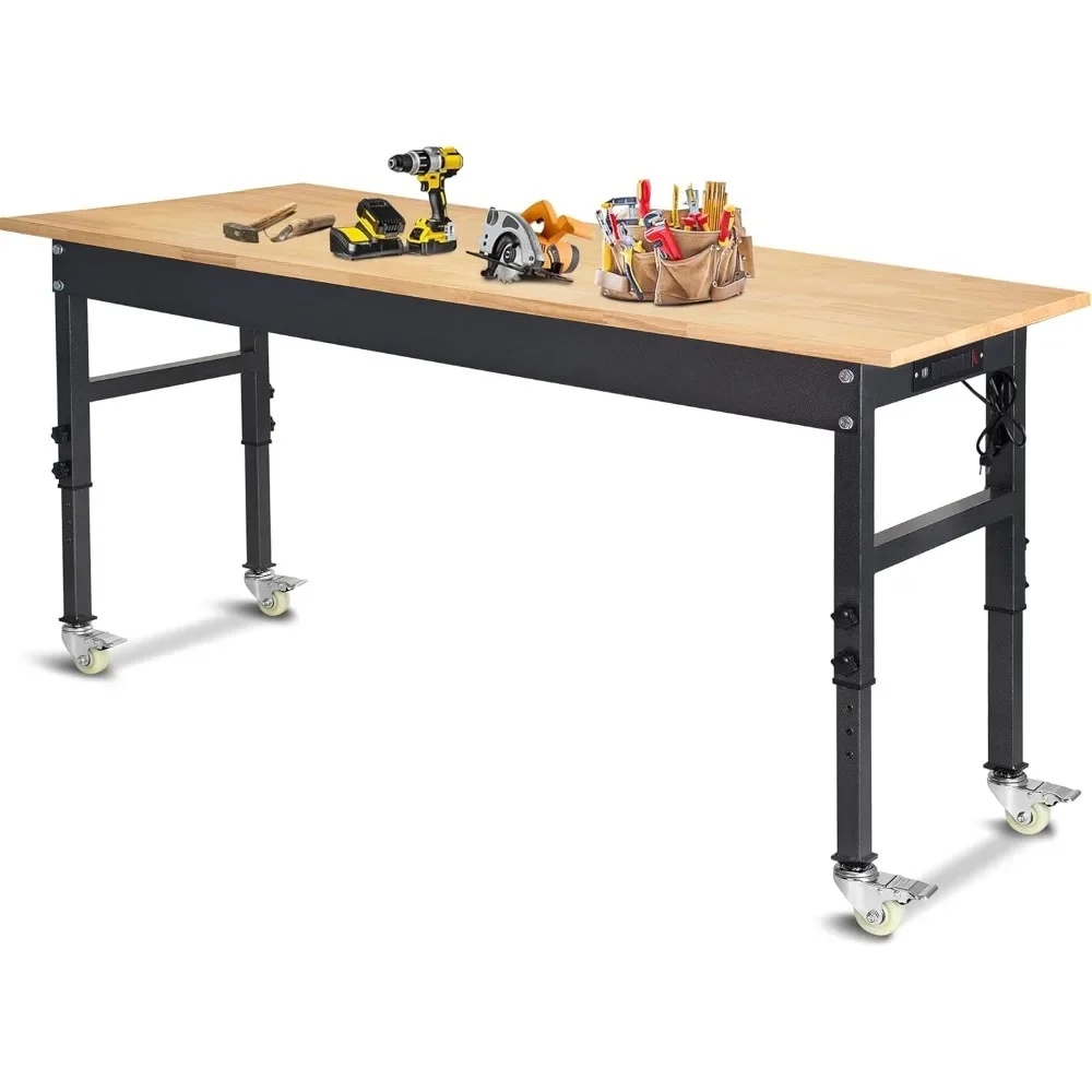 60 Inch Adjustable Workbench, Rubberwood Top Workbench, Heavy Duty Work Table with Power Outlet and Wheels
