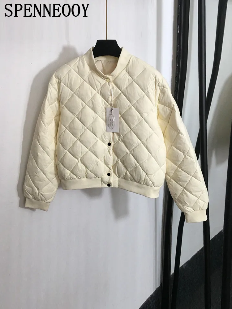 SPENNEOOY Fashion Runway Winter Ivory White Warm Down Jacket Women's Stand Collar Sewing Long Sleeve Pocket Elastic Waist Jacket