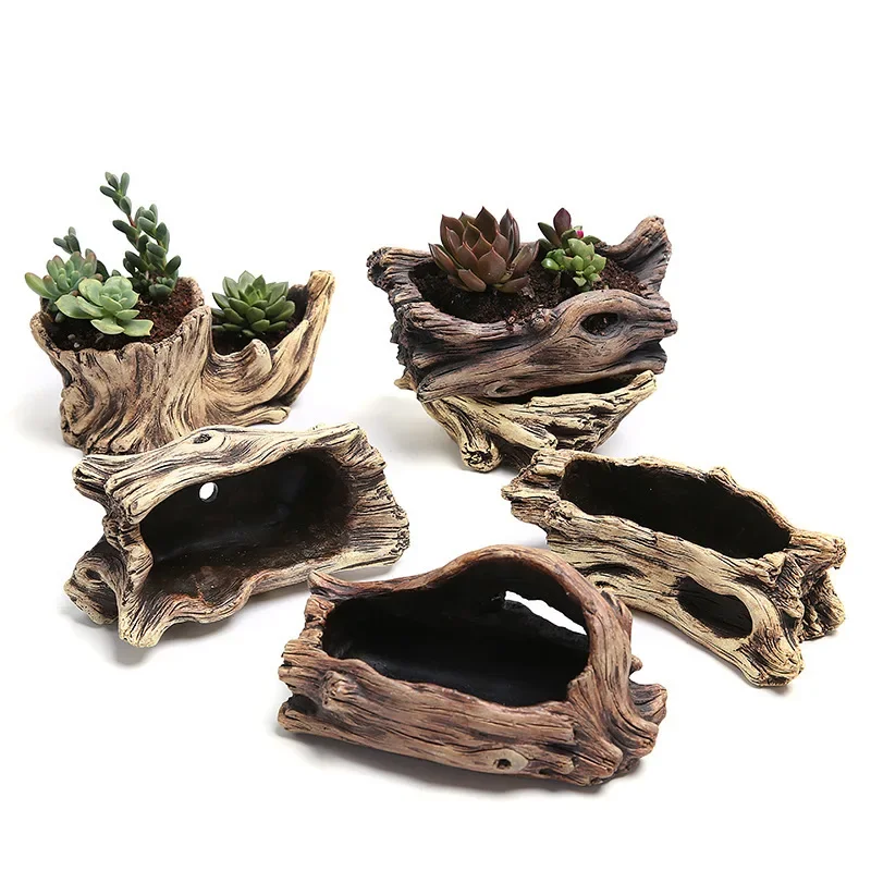 Succulent Flower Pot Wood Tree Root Planter Creative Micro Landscape Small Porous Flower Resin Succulent Vase Decoration