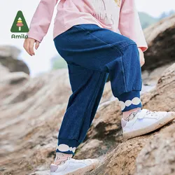 Amila Children‘s Trousers 2024 Autumn New Girls Cotton Breathable Soft Casual Solid Color Simple Basic Versatile Loose Jeans