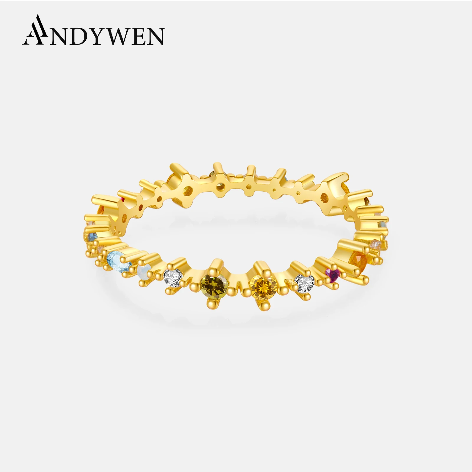 

ANDYWEN 925 Sterling Silver Rainbow Colorful Zircon Rings European Women Crystal CZ New Fine Jewelry for 2020 Fashion Trends