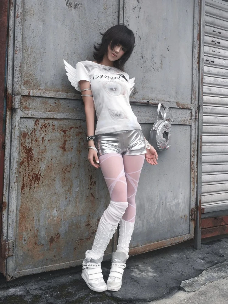 Y2k Vintage Angle Wings Patchwork T-Shirt Short Sleeve Women Streetwear Subculture Retro Chic O-Neck Bodycon Spring Summer