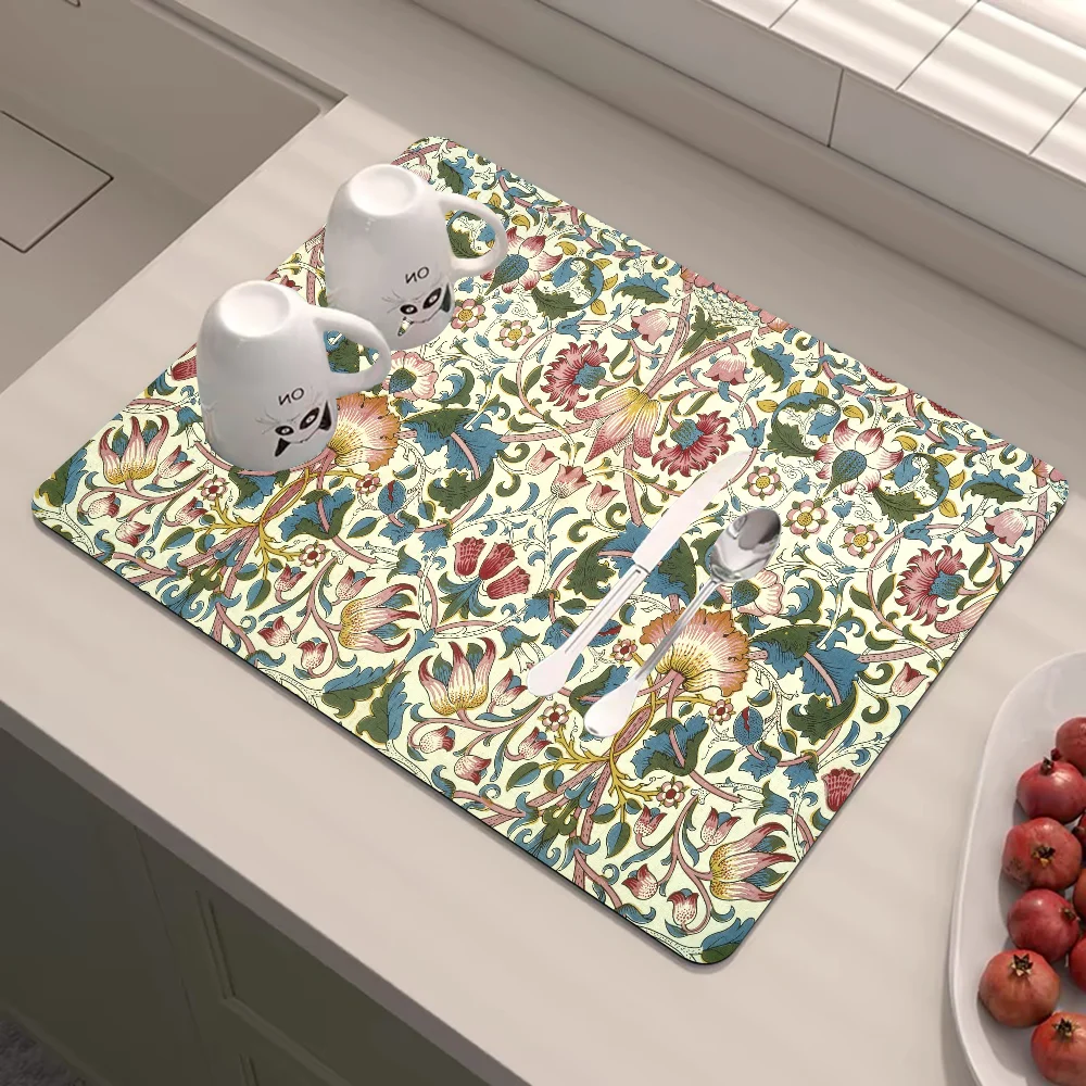 William Morris Absorbent Drain Mat Countertop Dry Mats Printed Coffee Machine Draining Pad Kitchen Table Tableware Placemats