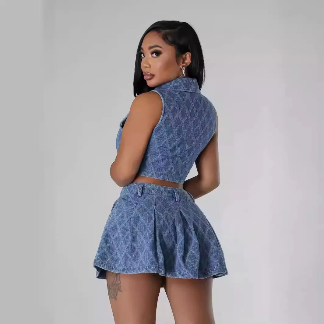 Checkered Washed Denim 2 Piece Set Women2024 Sexy Turn-down Collar Button Crop Top + A-line Mini Skirts Club Outfits Lounge Wear