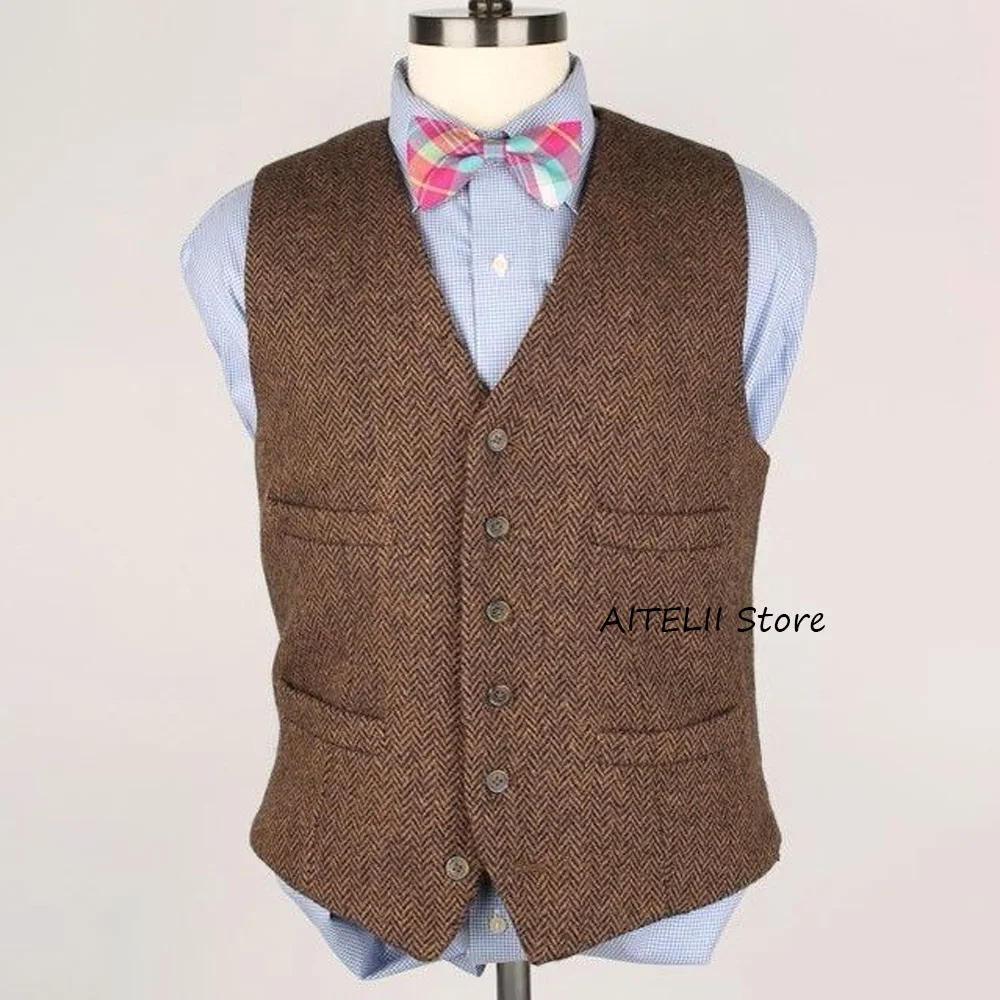 

Men's Classic Vest Man Business Casual Style V-neck Single-breasted Herringbone Fabric Elegant Suit Sleeveless Fancy Suits