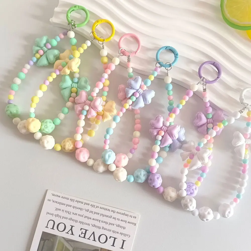 New Colorful Candy-Colored Phone Chain, Bowknot Beaded Bag Extension Chain, Water Bottle Chain, Car Keychain Pendant