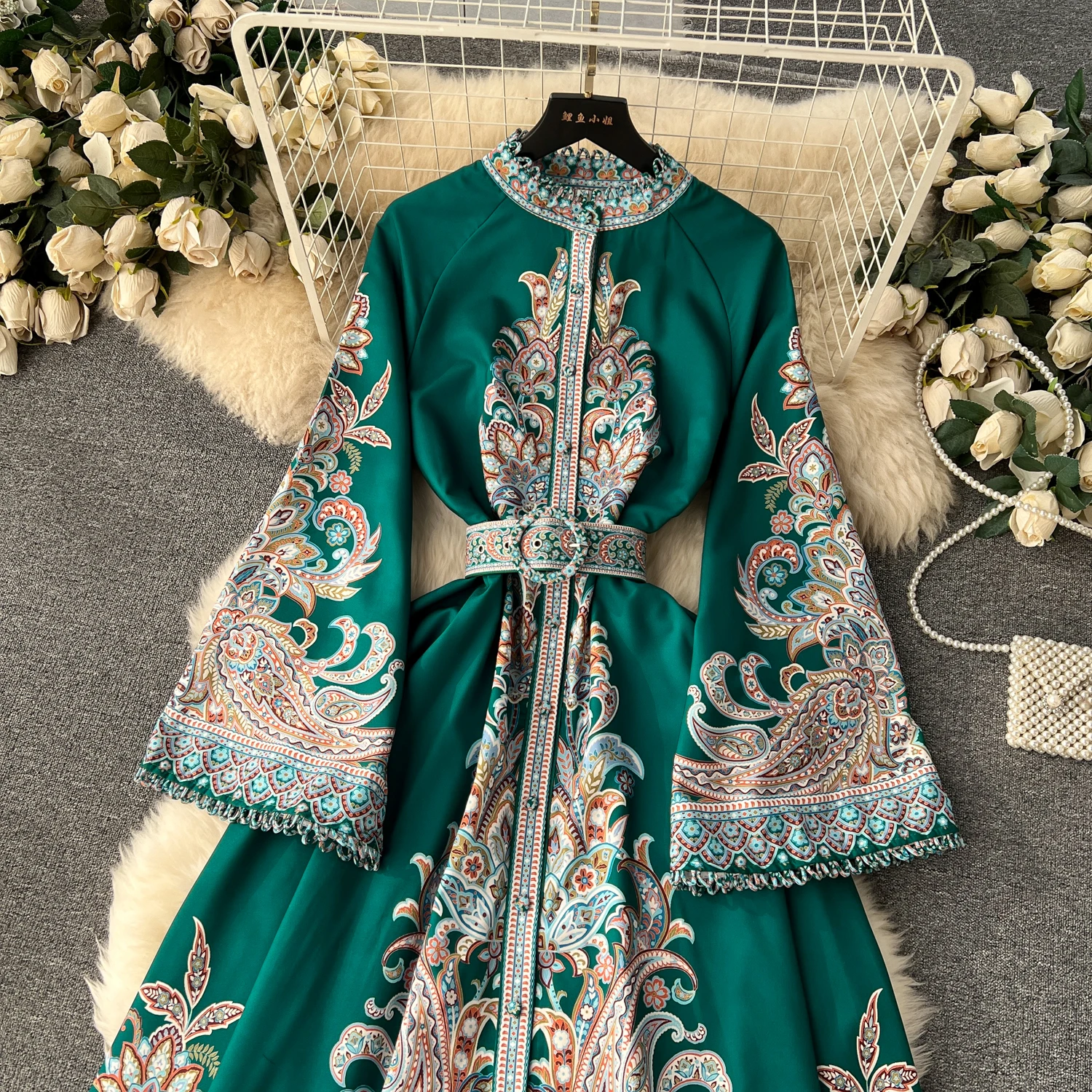 Elegant ผู้หญิงชุดยาว Retro Vintage Luxury Flare Sleeve พิมพ์ดอกไม้ฤดูใบไม้ผลิฤดูใบไม้ร่วงพรหมชุดราตรี Maxi Dresses Vestidos