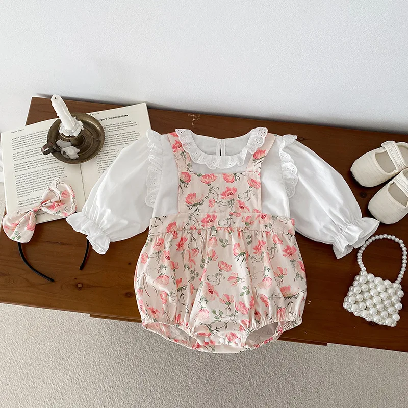 2024 Spring Autumn Baby Girls 2PCS Clothes Set Ruffle Solid Cotton Shirts Flower Printed Strappy Romper Suit Toddler Girl Outfit