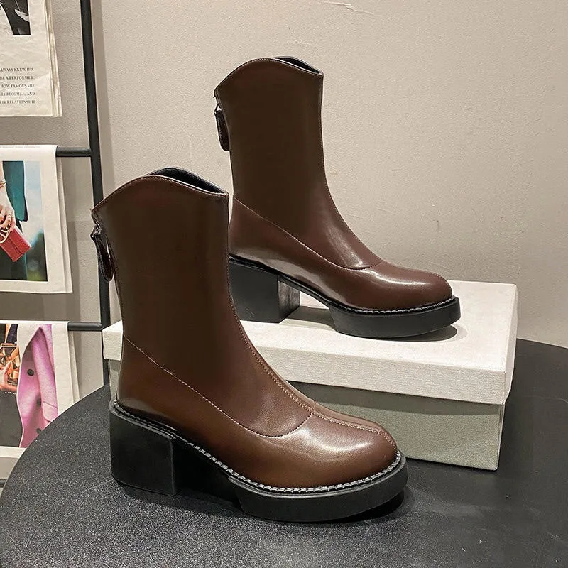 Botas cortas de tacón alto para mujer, zapatos de media pantorrilla con tacón cuadrado, novedad de otoño e invierno, 2024