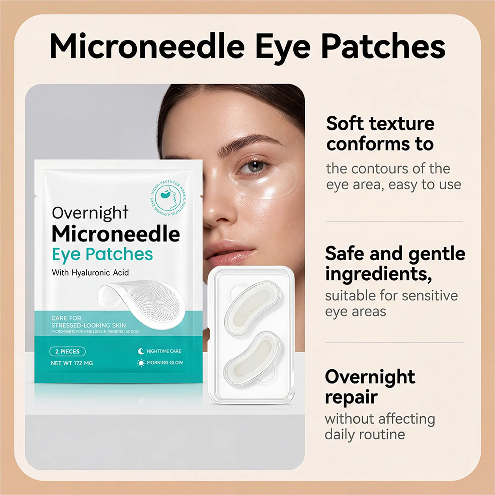 Microneedle Eye Patches Hyaluronic Acid 0.25mm Overnight Under Eye Mask for Dark Circles Fine Lines Hydrating Anti-Aging Eye Car