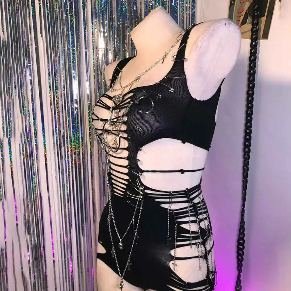 E-Girls フェアリーチェーン ハンドメイド ゴス カワイイ ゴシックドレス ティーン エコ パンクロック エモ 90年代 グランジ Y2K トップス ピン DIY 原宿 スカル