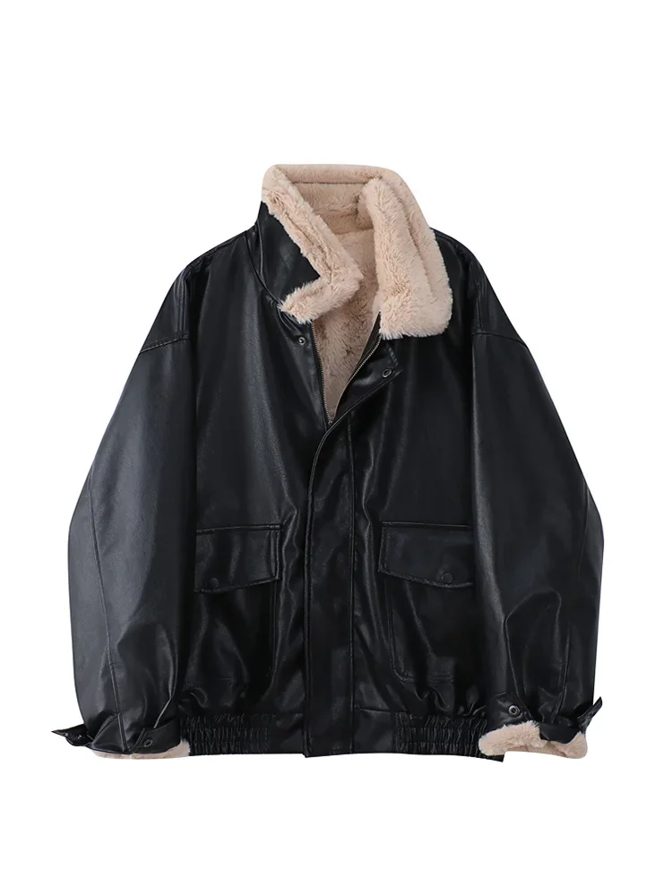 

Winter Women's Fur Leather Jacket Long Sleeved Loose Warm Lamb Wool Vintage Thickened Locomotive Lapel Female PU Motorcycle Coat