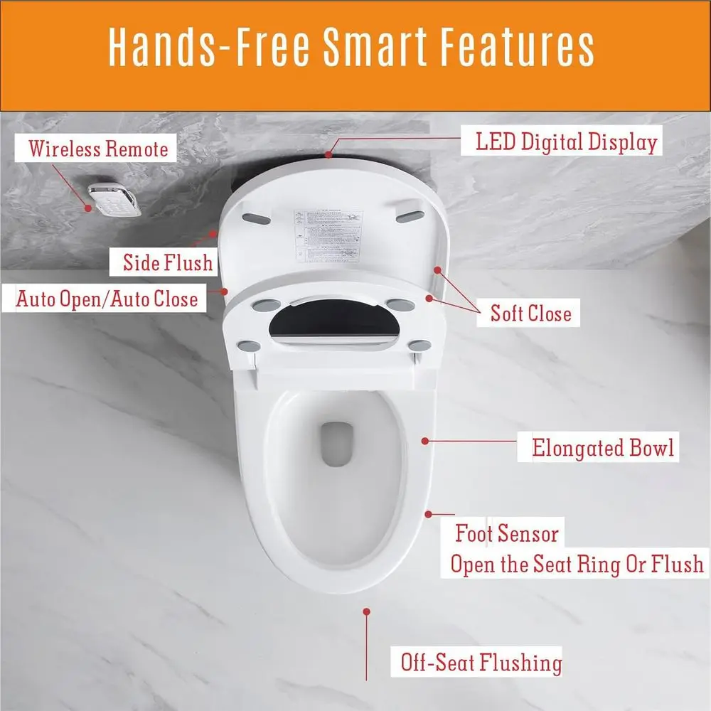 비데가 내장된 스마트 변기, 자동 세척/발 센서, 온열 시트, 온수 및 건조 공기, 자가 세척 강력 플러시