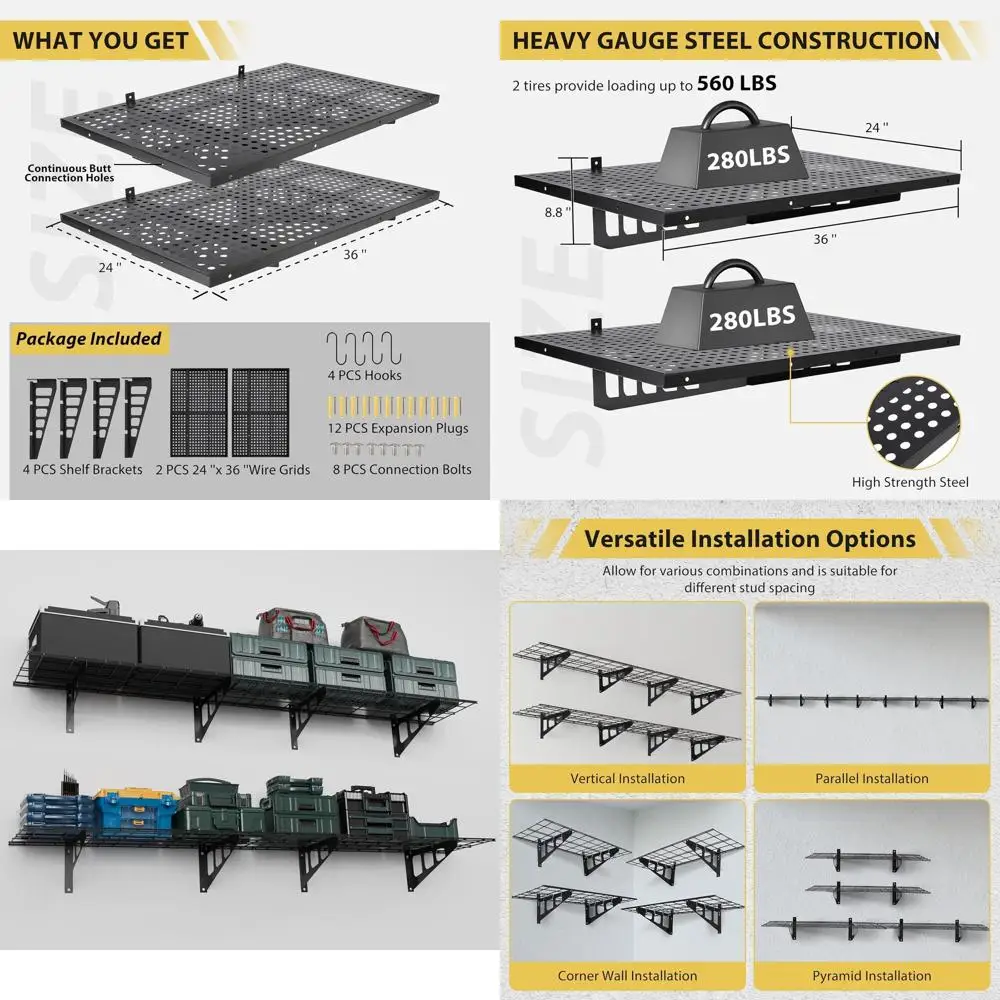 

Pair of 6-Foot Heavy-Duty Garage Wall Shelves - 600 LB Capacity, Floating Storage Racks