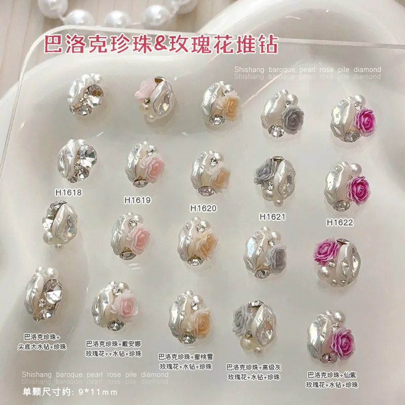 Charm Baroque Pearl Rose Camellia Flower Pile Drill 3D Nail Art Decoration Rhinestones Carved Manicure DIY Accessories Wholesale