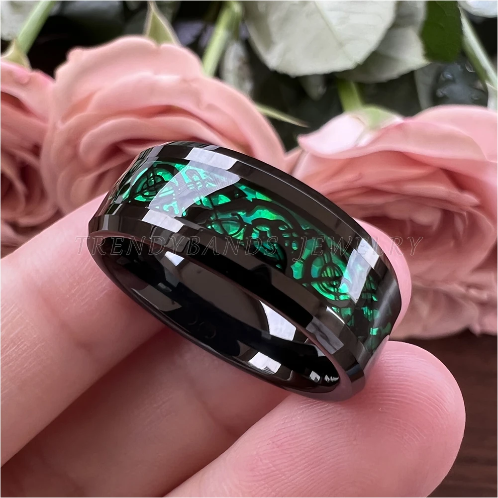 6 mm 8 mm Eheringe für Herren und Damen, schwarzer Wolframring mit grünem Opal und schwarzem Drachen-Inlay, bequeme Passform – Detail 2