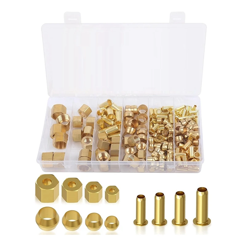 180PCS Compression Fittings Assortment Kit-(1/4In, 3/8In, 5/16In, 1/2In) Of Brass Compression Sleeve Ferrule,Insert&Nuts Durable