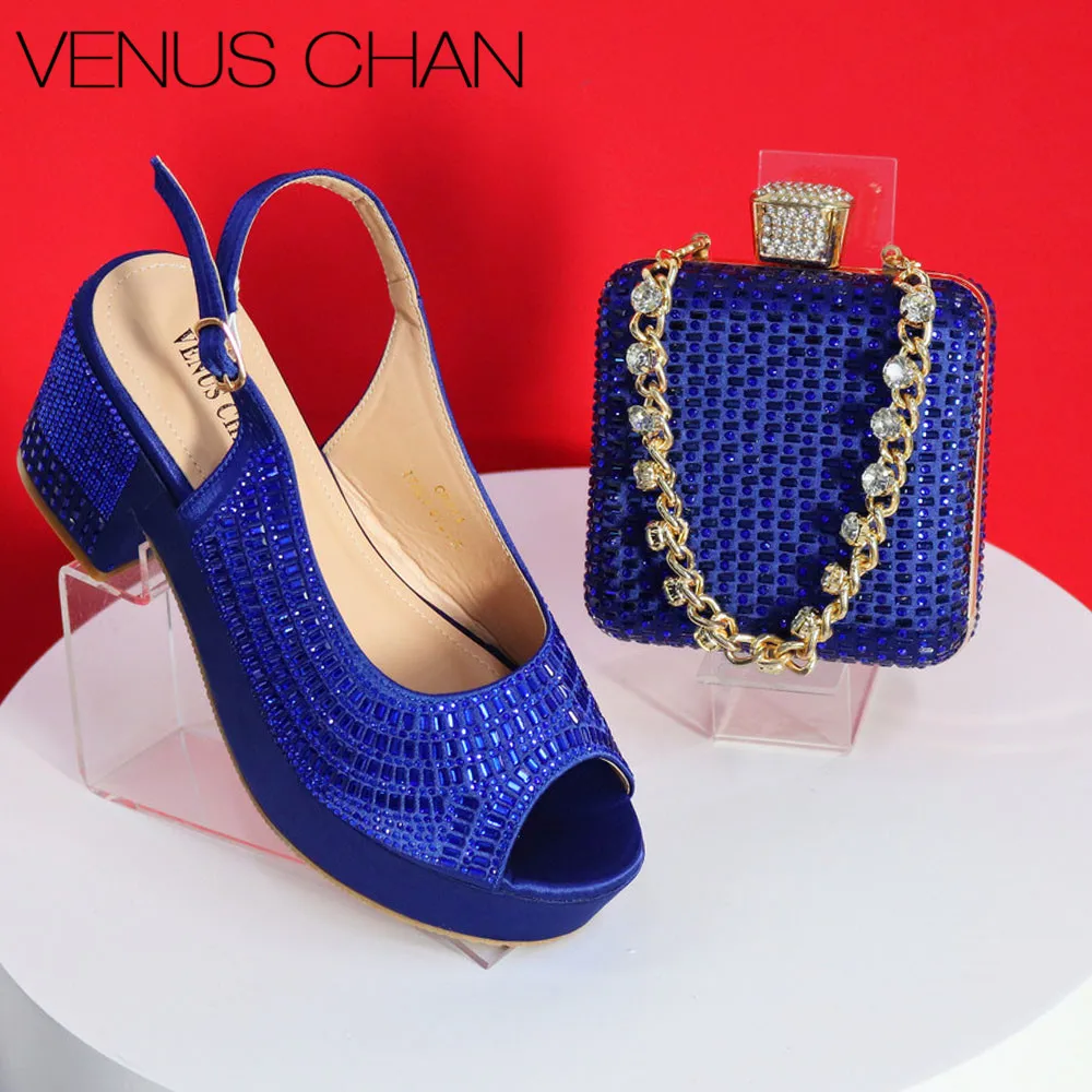 

Hot Selling Design Diamonds And Rhineston Round Head Thin Heels Mature Ladies Shoes Matching Bag Set in Royal Blue Color