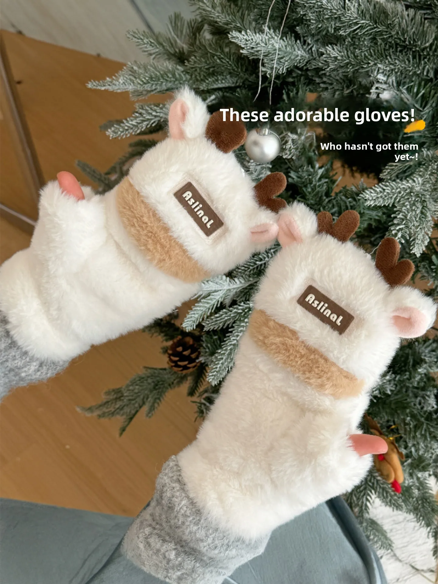 Thickened Plush Christmas Deer Antler Gloves Women's Winter Warm Cute Student Cycling Windproof Coldproof Half Finger Gloves