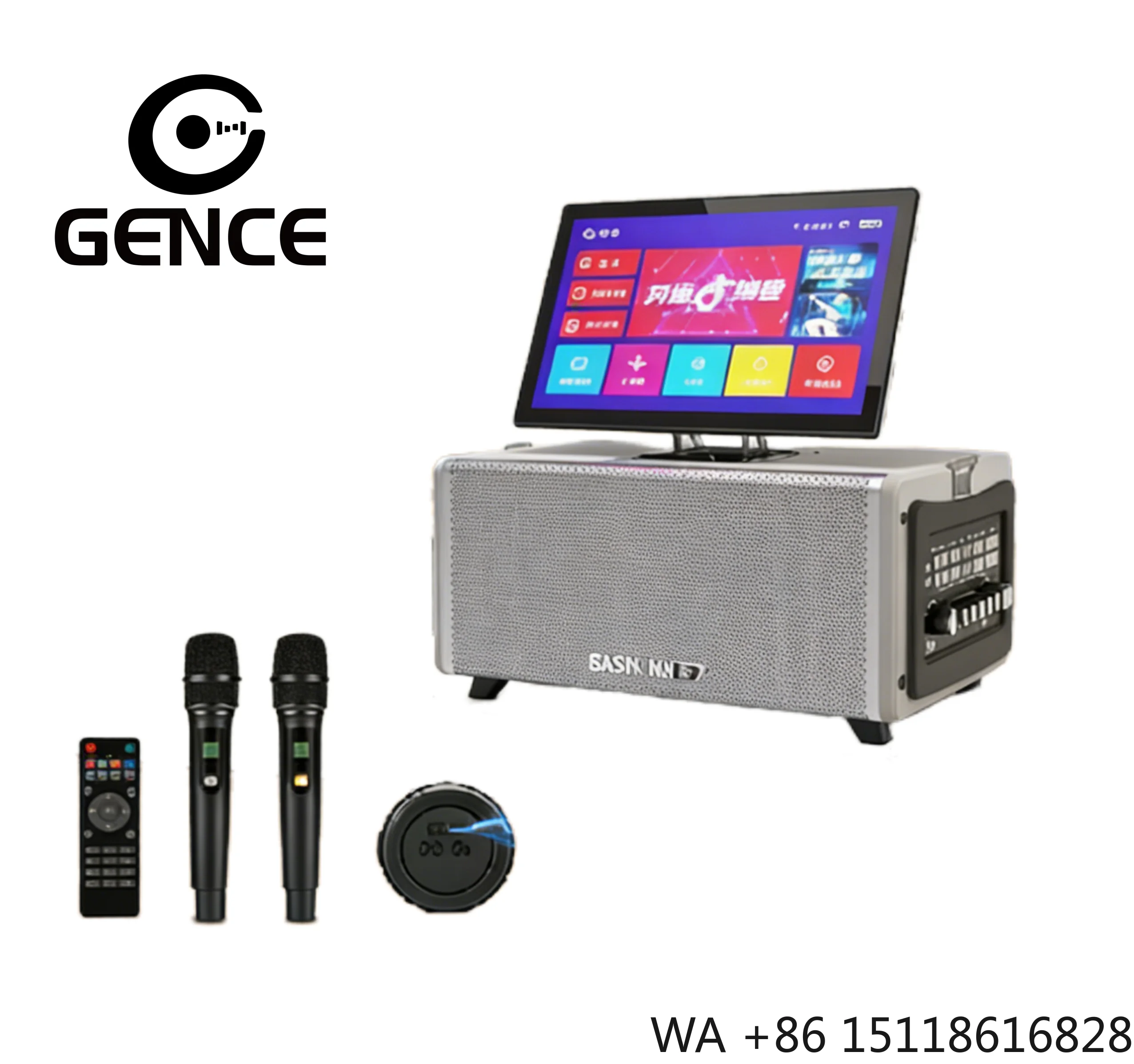 GENCE Portable Smart KTV Speaker with Touch Screen, Dual UHF Wireless Mics HiFi Bass Android System for Home Party & Outdoor Use