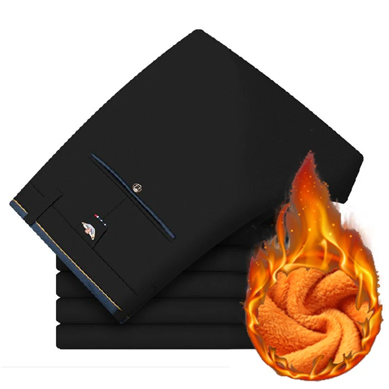 

Winter Men Warm Thermal Business Casual Suit Pants Male Snow Warm Plush Fleece Slim Fit Straight Simplicity Long Trousers