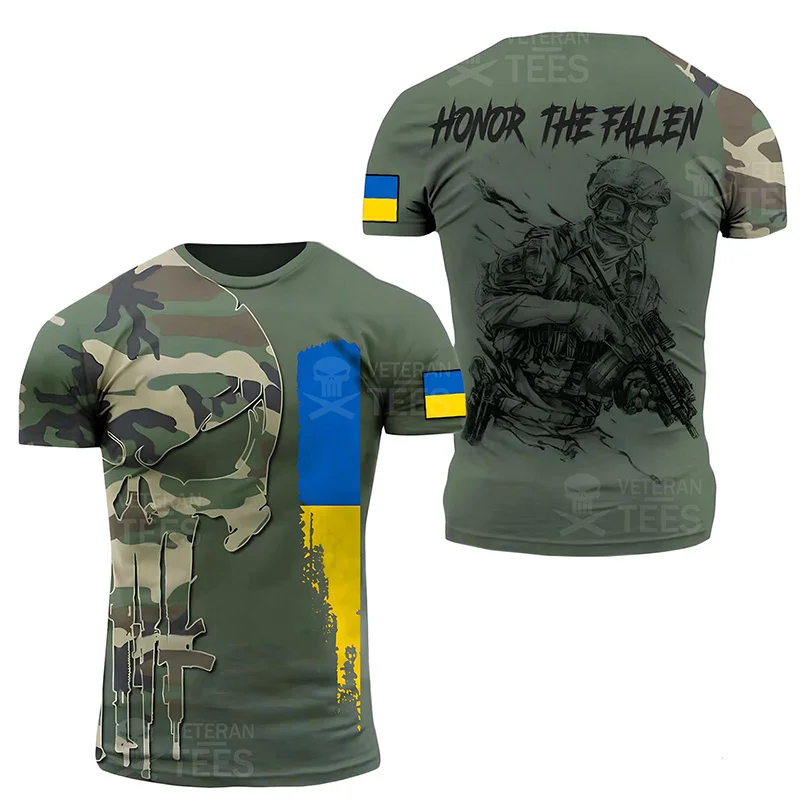 3D Skull Printed Ukrainian Flag Graphic T-Shirt