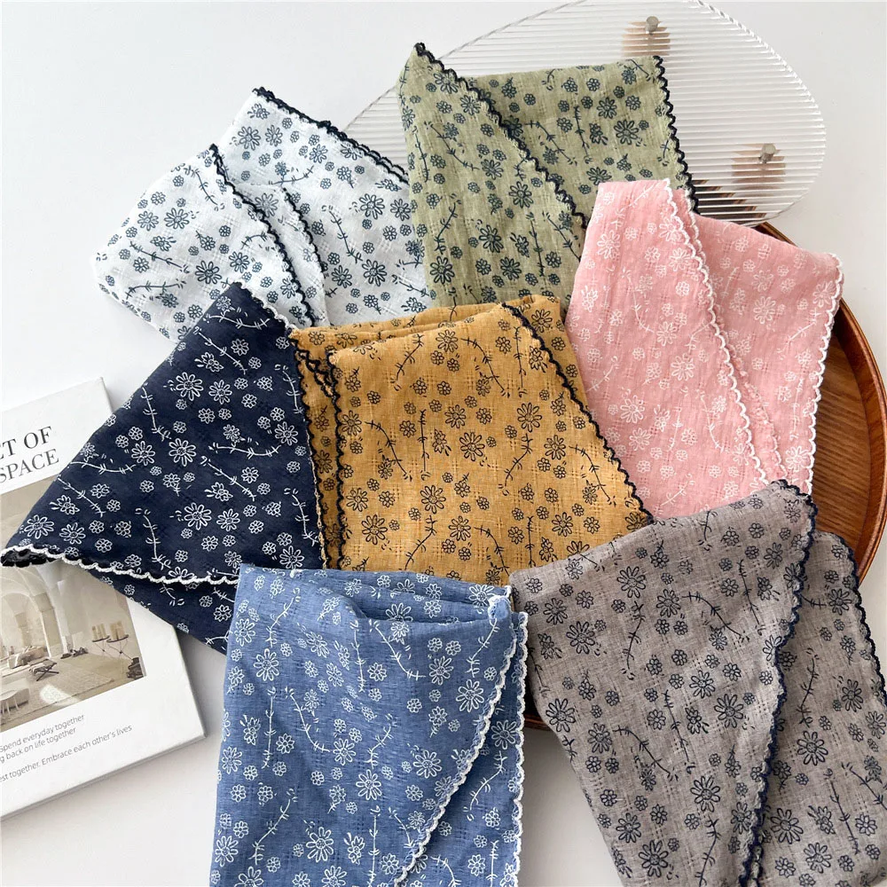 Flower Print Cotton Line Floral Lace Triangle Scarves Small Vintage Skinny Scarf F Women Girls Headband Accessories Handkerchief