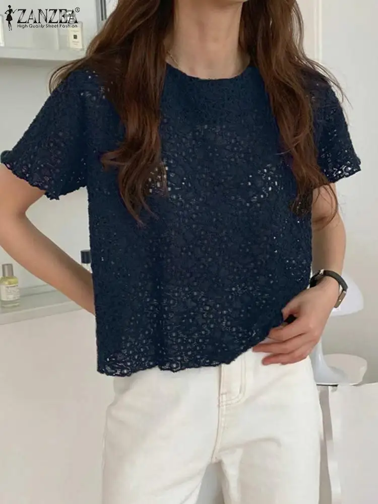 

ZANZEA Vintage Round Neck Blusas Women Crochet Lace Blouse 2024 Summer Short Sleeve Hollow Out Tunics Casual Loose Solid Tops