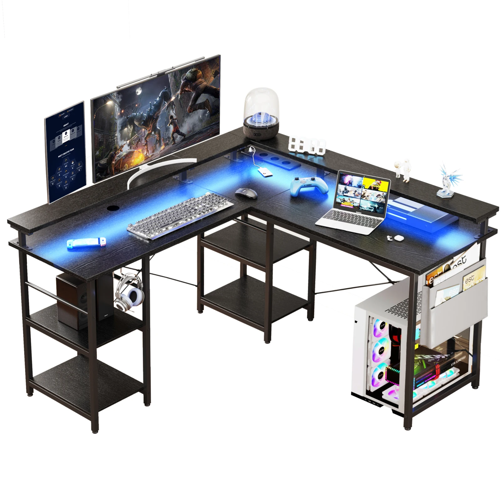 Scrivania moderna convertibile a L 2 in 1, 140/230 cm, piani per monitor ergonomici, Power Hub, tavolo da gioco