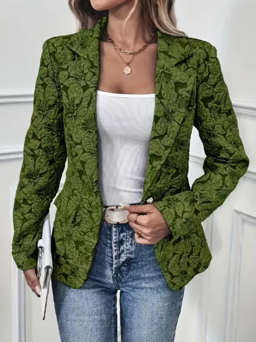 Women Vintage Solid Floral Embossed Textured Blazer Lapel Single Button Long Sleeve Slim Jacket Fashion Office Lady Outerwear